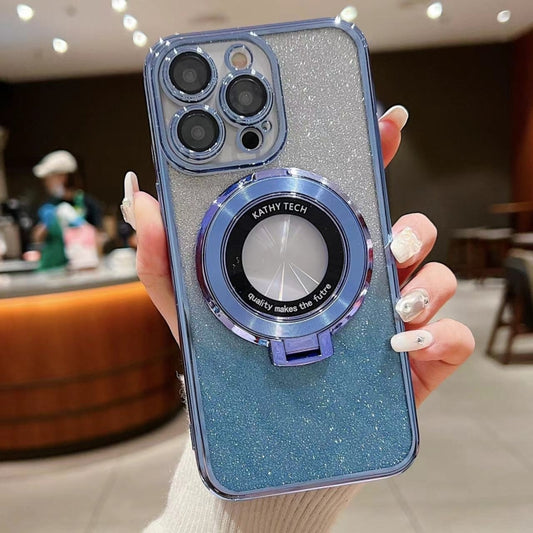 For iPhone 16 Pro Max Electroplated Holder Gradient Glitter MagSafe Phone Case(Blue) - iPhone 16 Pro Max Cases by buy2fix | Online Shopping UK | buy2fix