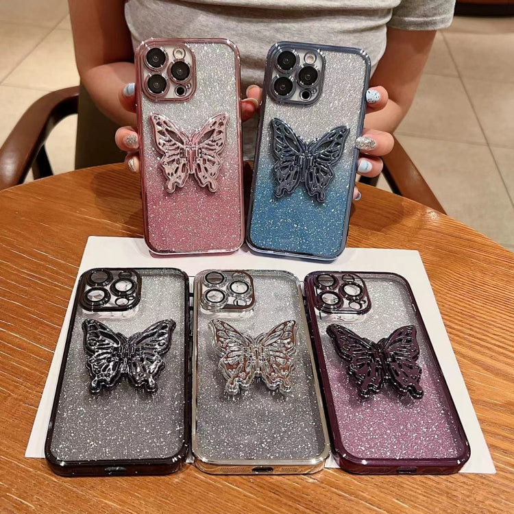 For iPhone 16 Pro Max Electroplated Gradient Glitter 3D Butterfly TPU Phone Case(Gradient Purple) - iPhone 16 Pro Max Cases by buy2fix | Online Shopping UK | buy2fix