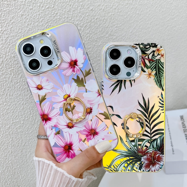 For iPhone 16 Plus Electroplating Laser Flower Ring Holder TPU Phone Case(Drawn Flowers AH3) - iPhone 16 Plus Cases by buy2fix | Online Shopping UK | buy2fix