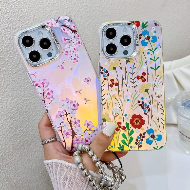 For iPhone 16 Electroplating Laser Flower Phone Case with Wrist Strap(Flower AH6) - iPhone 16 Cases by buy2fix | Online Shopping UK | buy2fix