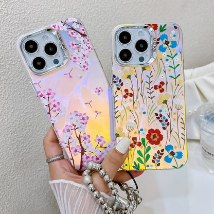 For iPhone 16 Plus Electroplating Laser Flower Phone Case with Wrist Strap(Pink Flower AH13) - iPhone 16 Plus Cases by buy2fix | Online Shopping UK | buy2fix