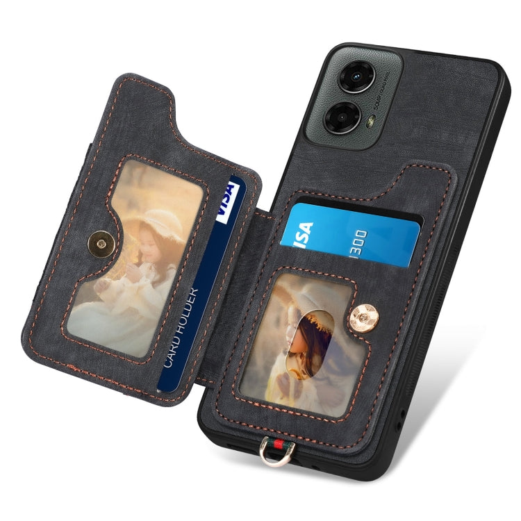 For Motorola Moto G 2024 Retro Skin-feel Ring Multi-card RFID Wallet Phone Case(Black) - Motorola Cases by buy2fix | Online Shopping UK | buy2fix