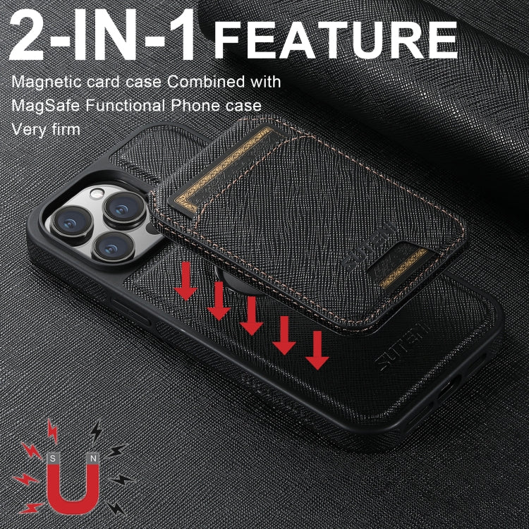 For iPhone 15 Suteni M2 Cross-Grain MagSafe Vertical Card Back Phone Case(Black) - iPhone 15 Cases by Suteni | Online Shopping UK | buy2fix