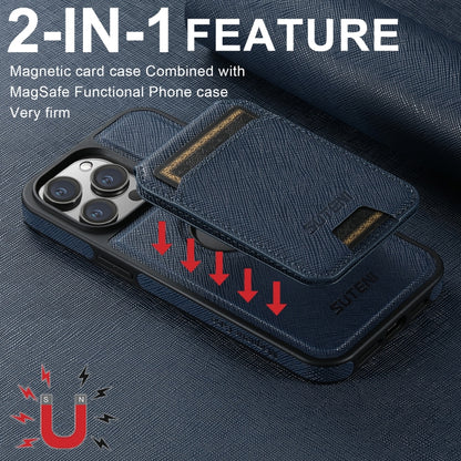 For iPhone 14 Plus Suteni M2 Cross-Grain MagSafe Vertical Card Back Phone Case(Blue) - iPhone 14 Plus Cases by Suteni | Online Shopping UK | buy2fix