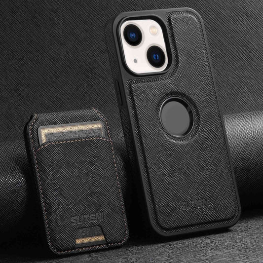 For iPhone 13 Suteni M2 Cross-Grain MagSafe Vertical Card Back Phone Case(Black) - iPhone 13 Cases by Suteni | Online Shopping UK | buy2fix