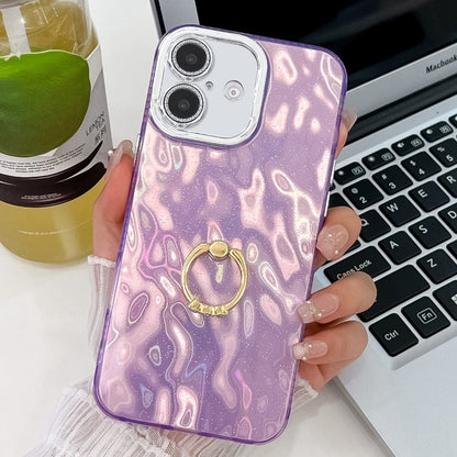 For iPhone 16 Plus Plating Glitter Texture Ring Holder TPU Phone Case with Lens Film(Purple Wrinkles) - iPhone 16 Plus Cases by buy2fix | Online Shopping UK | buy2fix