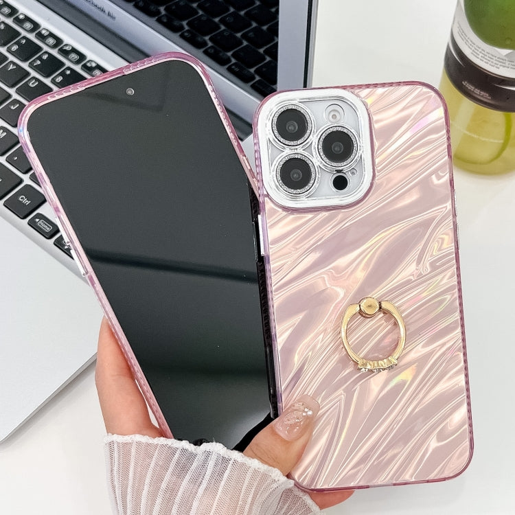 For iPhone 16 Plating Glitter Texture Ring Holder TPU Phone Case with Lens Film(Pink Water Ripples) - iPhone 16 Cases by buy2fix | Online Shopping UK | buy2fix