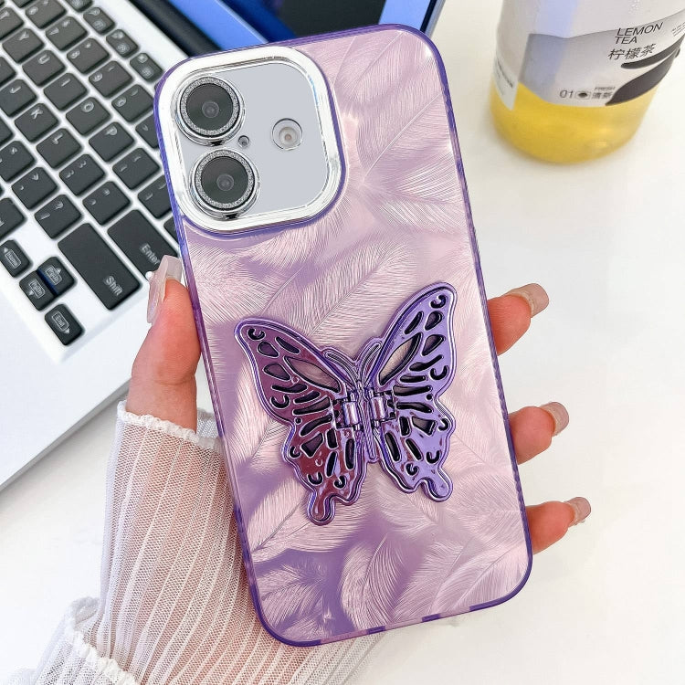 For iPhone 16 Plus Plating Glitter Texture Butterfly Holder TPU Phone Case with Lens Film(Purple Feathers) - iPhone 16 Plus Cases by buy2fix | Online Shopping UK | buy2fix