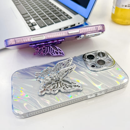 For iPhone 16 Plus Plating Glitter Texture Butterfly Holder TPU Phone Case with Lens Film(Pink Tinfoil Texture) - iPhone 16 Plus Cases by buy2fix | Online Shopping UK | buy2fix