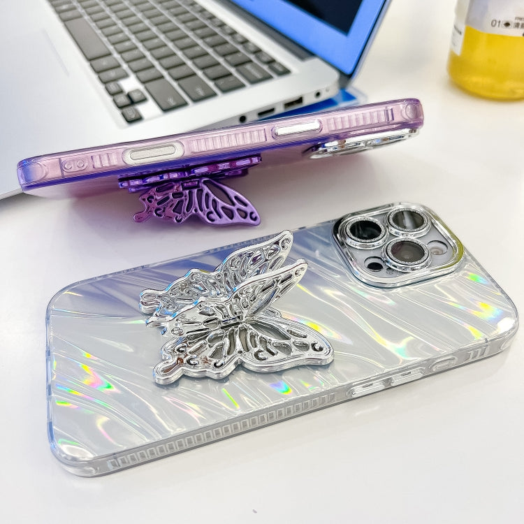 For iPhone 16 Pro Max Plating Glitter Texture Butterfly Holder TPU Phone Case with Lens Film(Purple Water Ripples) - iPhone 16 Pro Max Cases by buy2fix | Online Shopping UK | buy2fix