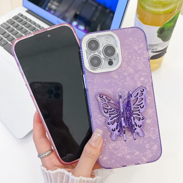 For iPhone 16 Pro Max Plating Glitter Texture Butterfly Holder TPU Phone Case with Lens Film(Pink Shell Pattern) - iPhone 16 Pro Max Cases by buy2fix | Online Shopping UK | buy2fix