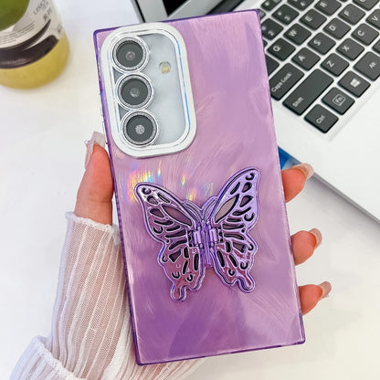 For Samsung Galaxy S25+ 5G Plating Glitter Texture Butterfly Holder TPU Phone Case with Lens Film(Purple Feather Yarn) - Galaxy S25+ 5G Cases by buy2fix | Online Shopping UK | buy2fix