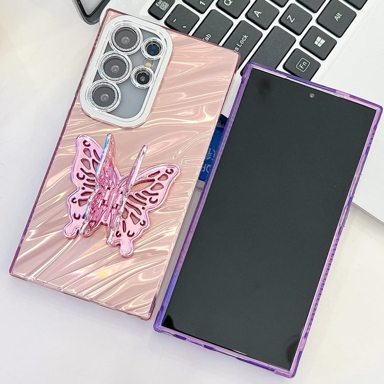 For Samsung Galaxy S25 5G Plating Glitter Texture Butterfly Holder TPU Phone Case with Lens Film(Pink Feathers) - Galaxy S25 5G Cases by buy2fix | Online Shopping UK | buy2fix