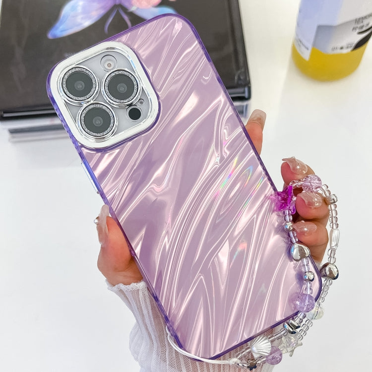 For iPhone 16 Pro Max Plating Glitter Texture Chain Wristband TPU Phone Case with Lens Film(Purple Water Ripples) - iPhone 16 Pro Max Cases by buy2fix | Online Shopping UK | buy2fix