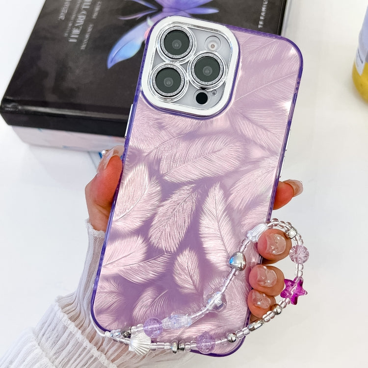 For iPhone 16 Pro Plating Glitter Texture Chain Wristband TPU Phone Case with Lens Film(Purple Feathers) - iPhone 16 Pro Cases by buy2fix | Online Shopping UK | buy2fix