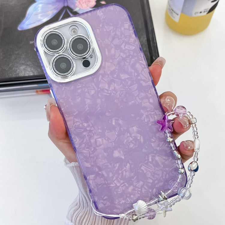 For iPhone 16 Plating Glitter Texture Chain Wristband TPU Phone Case with Lens Film(Purple Shell Pattern) - iPhone 16 Cases by buy2fix | Online Shopping UK | buy2fix