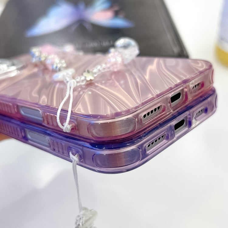 For iPhone 16 Pro Max Plating Glitter Texture Chain Wristband TPU Phone Case with Lens Film(Purple Feathers) - iPhone 16 Pro Max Cases by buy2fix | Online Shopping UK | buy2fix