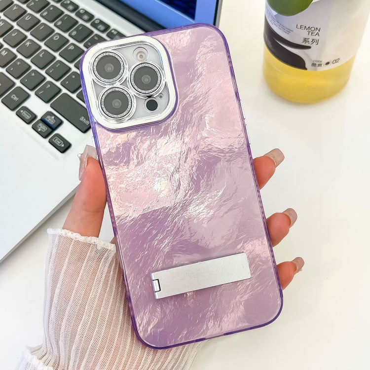 For iPhone 16 Pro Plating Glitter Texture Fold Holder TPU Phone Case with Lens Film(Purple Tinfoil Texture) - iPhone 16 Pro Cases by buy2fix | Online Shopping UK | buy2fix