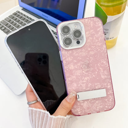 For iPhone 16 Pro Plating Glitter Texture Fold Holder TPU Phone Case with Lens Film(Purple Shell Pattern) - iPhone 16 Pro Cases by buy2fix | Online Shopping UK | buy2fix