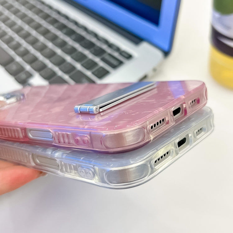 For iPhone 16 Pro Plating Glitter Texture Fold Holder TPU Phone Case with Lens Film(Pink Wrinkles) - iPhone 16 Pro Cases by buy2fix | Online Shopping UK | buy2fix