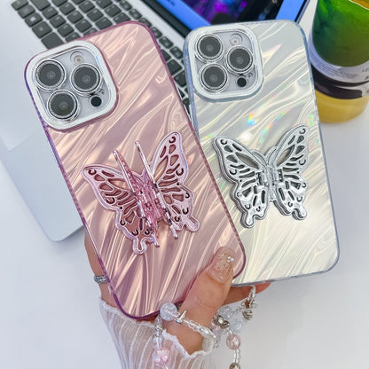 For iPhone 16 Pro Plating Glitter Lens Film Texture Butterfly Holder Wristband Phone Case(White Wrinkles) - iPhone 16 Pro Cases by buy2fix | Online Shopping UK | buy2fix