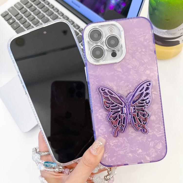 For iPhone 16 Plus Plating Glitter Lens Film Texture Butterfly Holder Wristband Phone Case(White Feathers) - iPhone 16 Plus Cases by buy2fix | Online Shopping UK | buy2fix