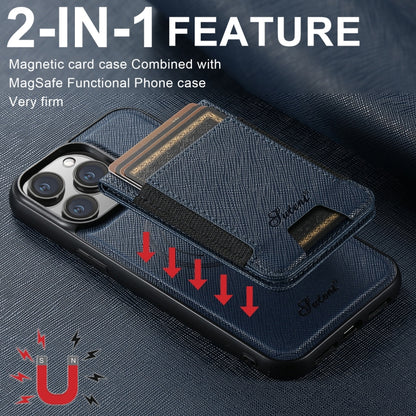 For iPhone 14 Pro Suteni H17 Cross Grain Leather MagSafe Detachable Wallet Phone Case(Blue) - iPhone 14 Pro Cases by Suteni | Online Shopping UK | buy2fix