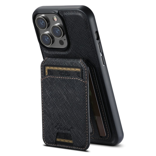 For iPhone 15 Pro Max Suteni H18 Cross Grain MagSafe Wallet Leather Phone Case(Black) - iPhone 15 Pro Max Cases by Suteni | Online Shopping UK | buy2fix