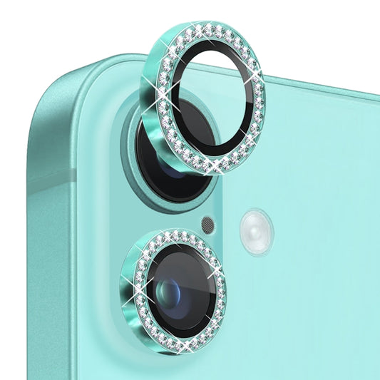 For iPhone 16 / 16 Plus NORTHJO Rhinestone Camera Lens Protector Tempered Glass Metal Ring Film(Cyan) - iPhone 16 Tempered Glass by NORTHJO | Online Shopping UK | buy2fix