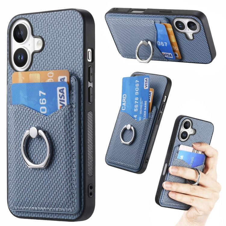 For iPhone 16 Plus Carbon Fiber Card Wallet Ring Phone Case(Blue) - iPhone 16 Plus Cases by buy2fix | Online Shopping UK | buy2fix