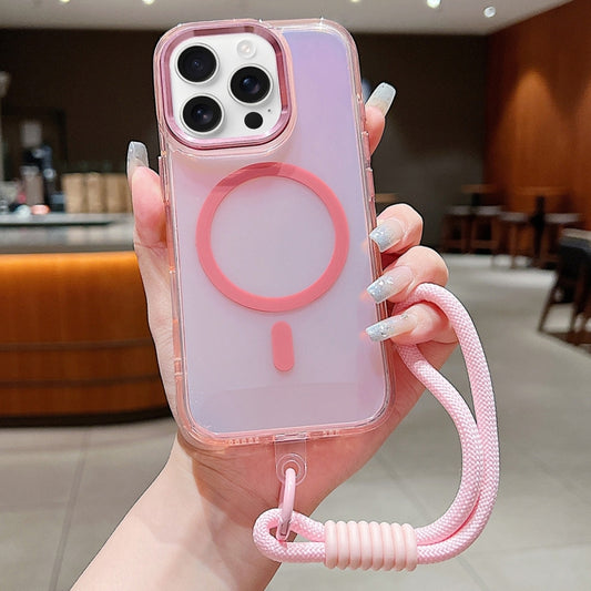 For iPhone 16 Pro Bright Shadow  Magsafe Discoloration Phone Case with Wrist Strap(Pink) - iPhone 16 Pro Cases by buy2fix | Online Shopping UK | buy2fix