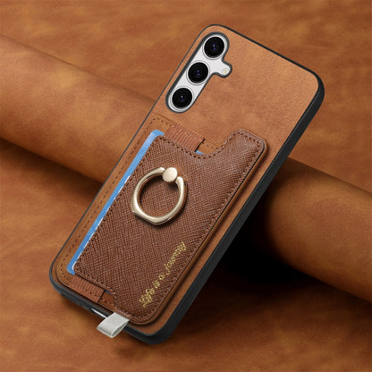 For Samsung Galaxy S25+ 5G Retro Cross Leather Ring Horizontal Insert Card Bag MagSafe Phone Case(Brown) - Galaxy S25+ 5G Cases by buy2fix | Online Shopping UK | buy2fix