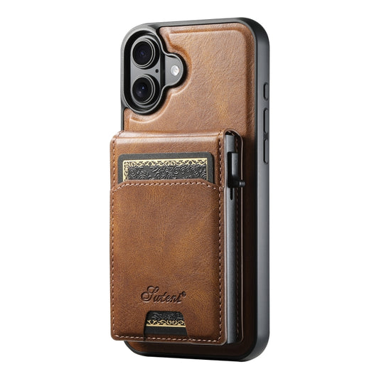 For iPhone 16 Suteni H19 Oil Wax 2-in-1 MagSafe Removable Card Box Back Phone Case(Brown) - iPhone 16 Cases by Suteni | Online Shopping UK | buy2fix