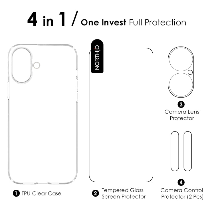 For iPhone 16 Plus NORTHJO 4 in 1 TPU Phone Case with Screen Film and Lens Film and Camera Control Button Cover(Clear) - iPhone 16 Plus Cases by NORTHJO | Online Shopping UK | buy2fix