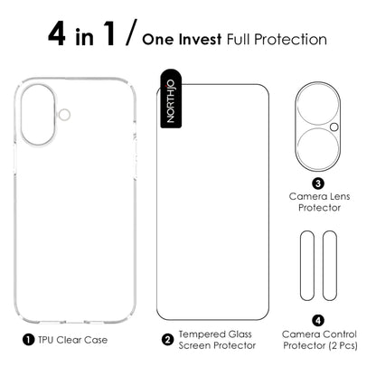 For iPhone 16 Plus NORTHJO 4 in 1 TPU Phone Case with Screen Film and Lens Film and Camera Control Button Cover(Clear) - iPhone 16 Plus Cases by NORTHJO | Online Shopping UK | buy2fix