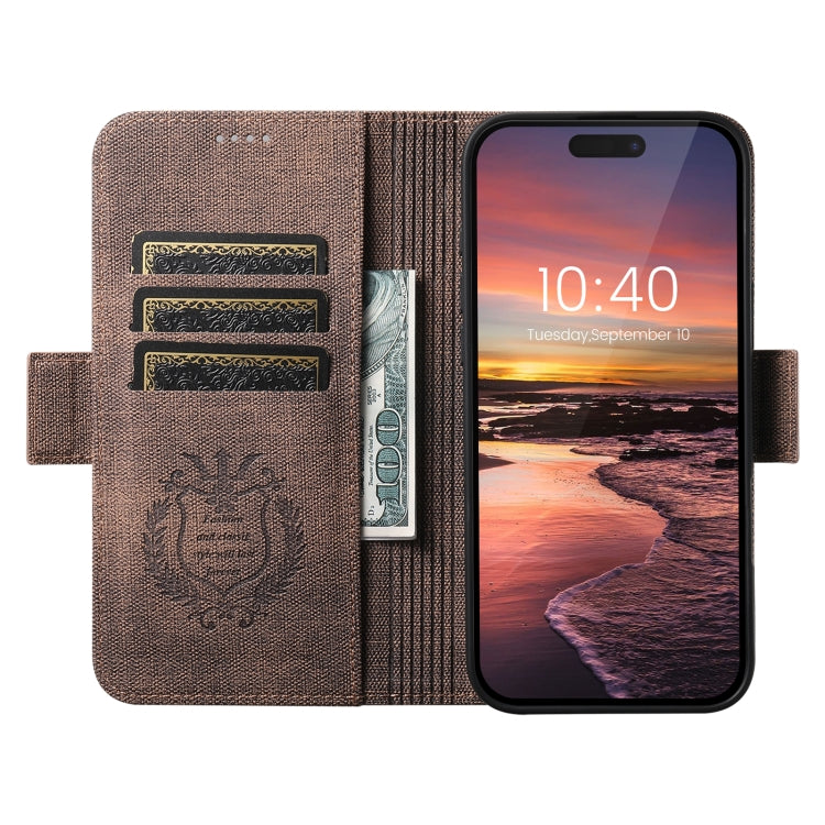 For iPhone 16 Pro Max Suteni J07 Multi-functional Horizontal MagSafe Denim Leather Phone Case(Brown) - iPhone 16 Pro Max Cases by Suteni | Online Shopping UK | buy2fix