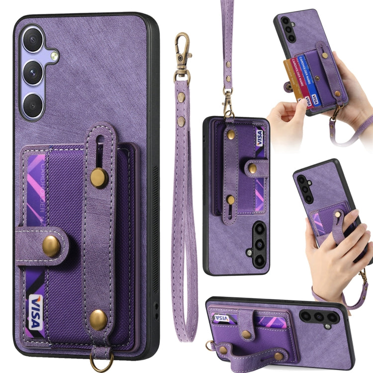 For Samsung Galaxy S25 5G Retro Cross Wristband Wallet Leather Back Phone Case(Purple) - Galaxy S25 5G Cases by buy2fix | Online Shopping UK | buy2fix