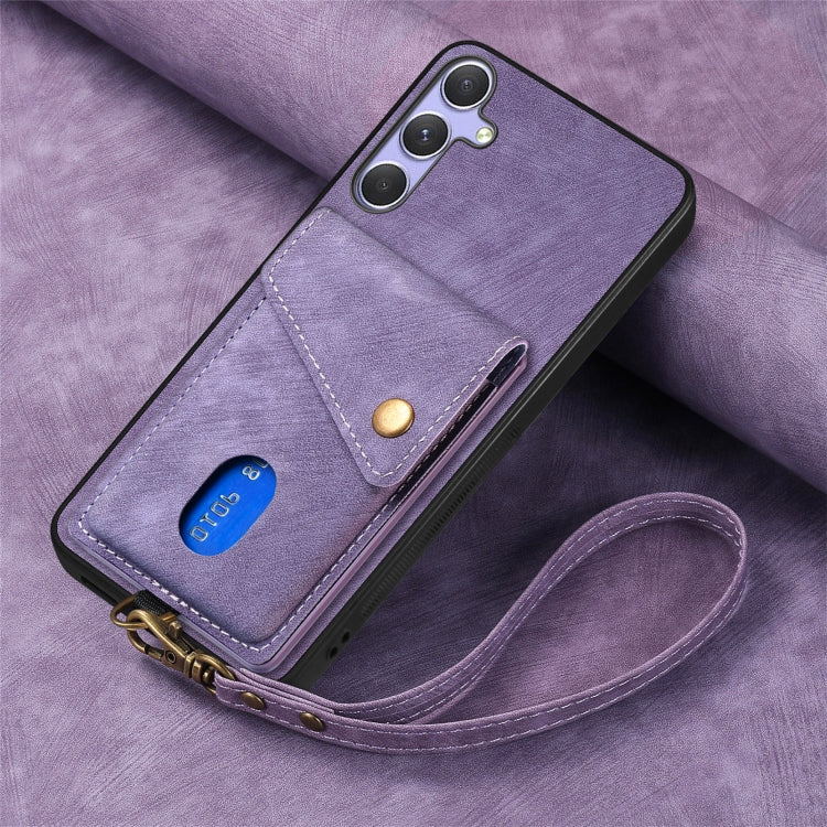 For Samsung Galaxy S25+ 5G Retro Card Wallet Fold Leather Phone Case with Strap(Purple) - Galaxy S25+ 5G Cases by buy2fix | Online Shopping UK | buy2fix