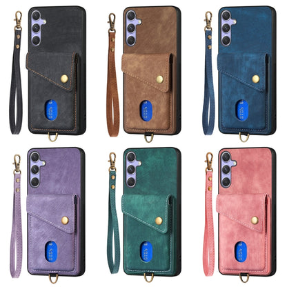 For Samsung Galaxy S25+ 5G Retro Card Wallet Fold Leather Phone Case with Strap(Purple) - Galaxy S25+ 5G Cases by buy2fix | Online Shopping UK | buy2fix