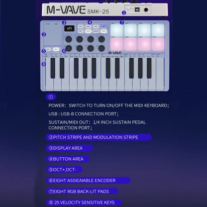 M-VAVE SMK-25 USB MIDI Keyboard Controller With 8 Back Drum Pads(White) - Keyboard Instruments Accessories by M-VAVE | Online Shopping UK | buy2fix