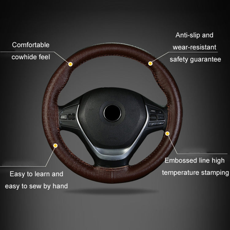 38cm Four-season Embossed Cowhide Hand-sewn Steering Wheel Cover(Coffee) - Steering Wheel Accessories by buy2fix | Online Shopping UK | buy2fix