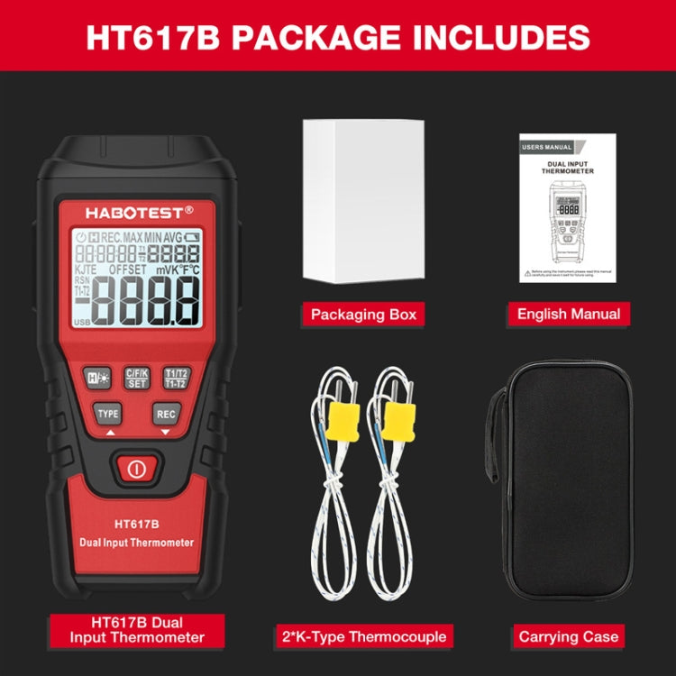 HABOTEST HT617B Digital Dual Channel Thermocouple Thermometer(Black Red) - Thermostat & Thermometer by HABOTEST | Online Shopping UK | buy2fix