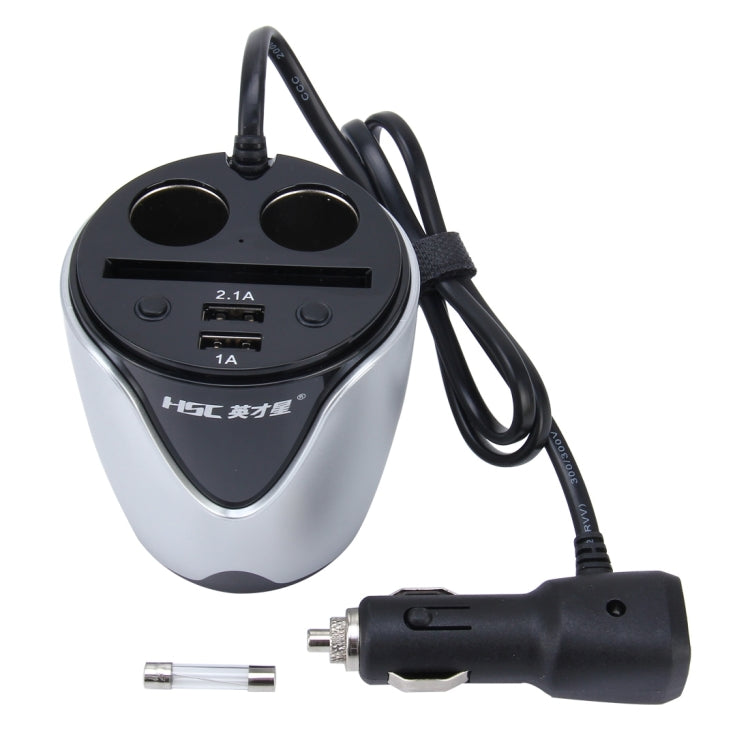 HSC YC-19D Car Cup Charger 2.1A/1A Dual USB Ports Car 12V-24V Charger with 2-Socket Cigarette, Card Socket and LED Display(Silver) - Cigar Socket by buy2fix | Online Shopping UK | buy2fix