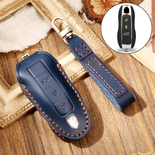 Hallmo Car Cowhide Leather Key Protective Cover Key Case for Porsche Macan 718 2021 A Style(Blue) - Car Key Cases by Hallmo | Online Shopping UK | buy2fix