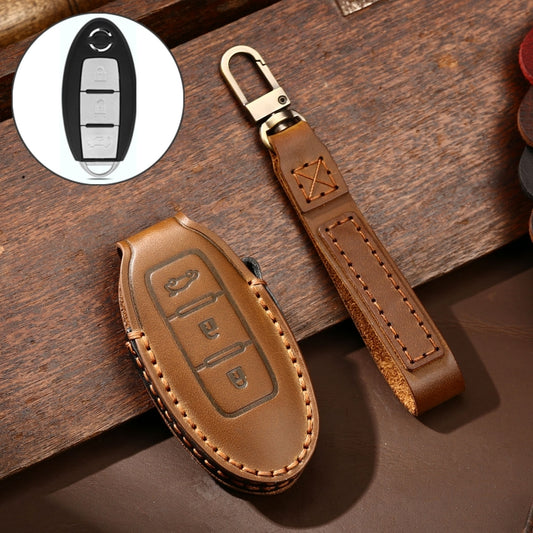 Hallmo Car Cowhide Leather Key Protective Cover Key Case for Nissan Sylphy 3-button Tail Box(Brown) - Car Key Cases by Hallmo | Online Shopping UK | buy2fix