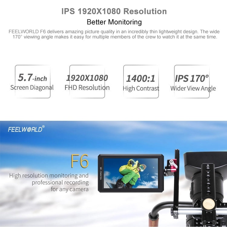 FEELWORLD F6 1920x1080 5.5 inch IPS Screen HDMI 4K Camera Field Monitor - Camera Accessories by FEELWORLD | Online Shopping UK | buy2fix