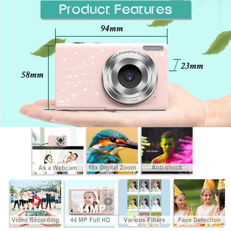 DC402 2.4 inch 44MP 16X Zoom 1080P Full HD Digital Camera Children Card Camera, US Plug (Pink) - Consumer Electronics by buy2fix | Online Shopping UK | buy2fix