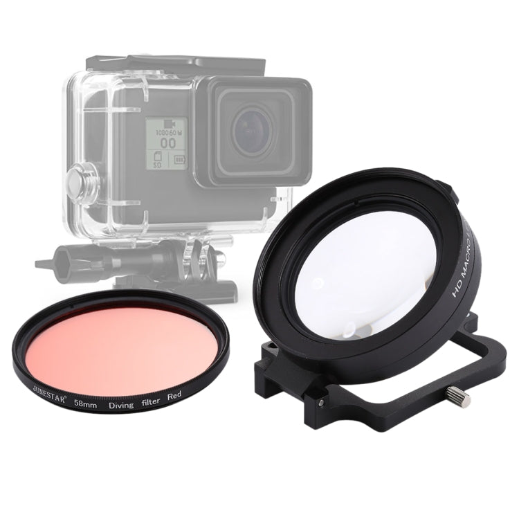 JSR 58mm 16X Macro Lens + Red Diving Lens Filter with Lens Cover + Lens Filter Ring Adapter + String + Cleaning Cloth for GoPro HERO6 /5 Dive Housing - Lens Filter by JSR | Online Shopping UK | buy2fix