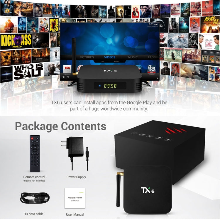 TX6 4K UHD Smart TV Box with Remote Controller, Android 7.1 Allwinner H6 Quad Core ARM Cortex-A53 1.5 GHz, 4GB+32GB, Support  Dual Band WiFi & HDMI & RJ45 & TF Card & SPDIF(Black) - Consumer Electronics by buy2fix | Online Shopping UK | buy2fix