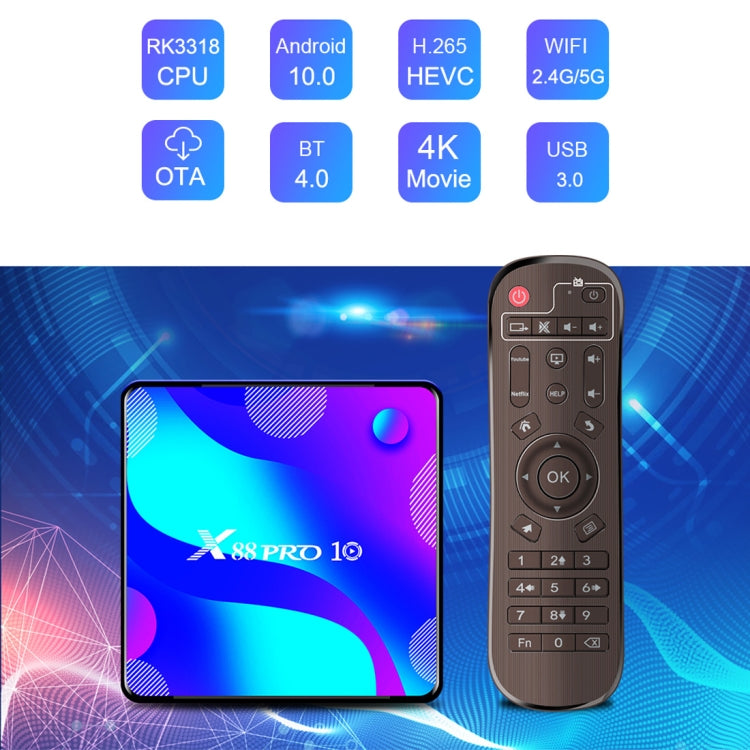 X88 Pro 10 4K Ultra HD Android TV Box with Remote Controller, Android 10.0, RK3318 Quad-Core 64bit Cortex-A53, 2GB+16GB, Support Bluetooth / Dual-Band WiFi / TF Card / USB / AV / Ethernet(EU Plug) - RK3318 by buy2fix | Online Shopping UK | buy2fix